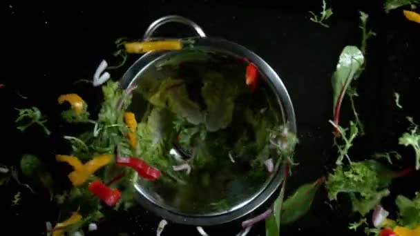 Super Langzame Beweging Van Roterende Verse Gemengde Salade Met Waterdruppels — Stockvideo