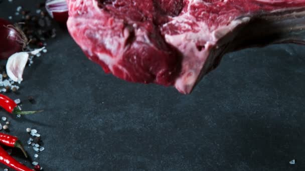 Slow Motion Raw Beef Steak Filmed High Speed Cinema Camera — Stock Video