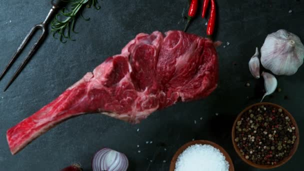 Slow Motion Raw Beef Steak Filmed High Speed Cinema Camera — Stock Video