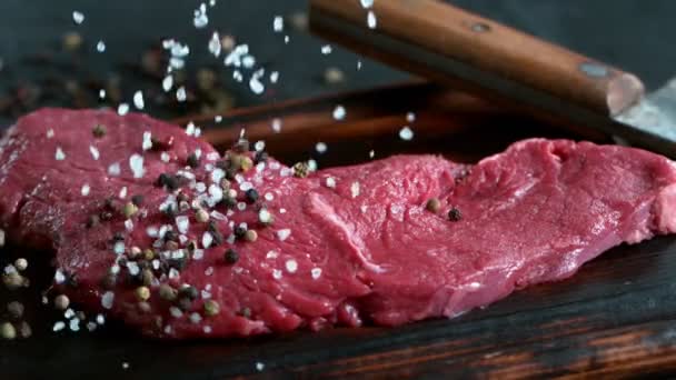 Slow Motion Raw Beef Steak Filmed High Speed Cinema Camera — 비디오