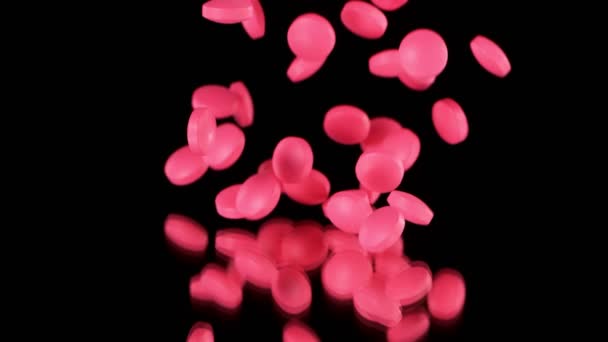 Super Slow Motion Falling Pink Pills Black Background Filmed High — 비디오