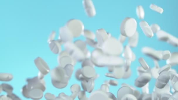 Super Slow Motion Cadere Pillole Bianche Sfondo Bianco Girato Macchina — Video Stock