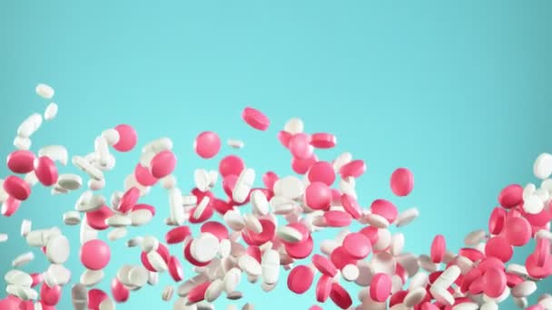 Super Langzame Beweging Van Vallende Witte Pillen Blauwe Achtergrond Gefilmd — Stockvideo