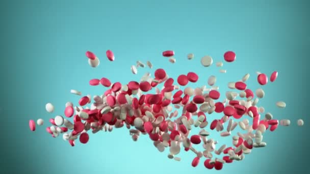 Super Zpomalený Film Pádu Smíšené Pilulky Modrém Pozadí Natočeno Vysokorychlostní — Stock video