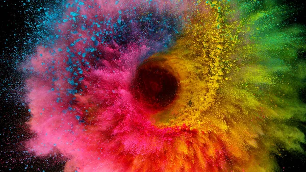 Explosión Polvo Color Aislado Sobre Fondo Negro — Foto de Stock