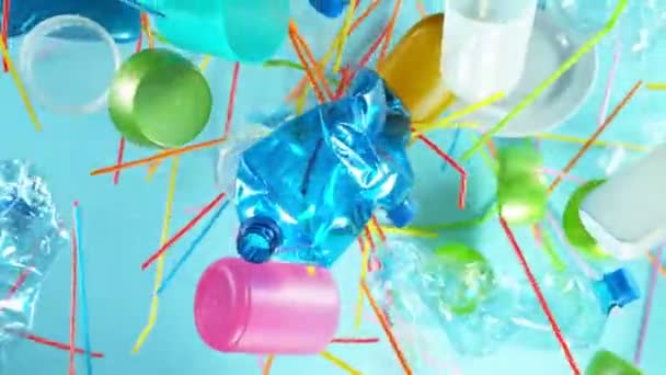 Super Slow Motion Plastic Waste Flying Air Filmed High Speed — Stock Video