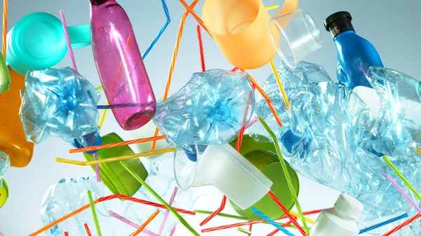 Haufen Fliegenden Leeren Plastikmülls Konzept Der Plastikverschmutzung — Stockfoto