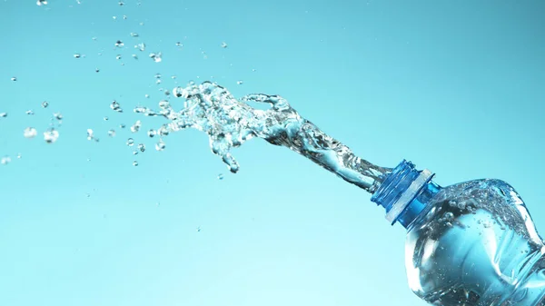 Explosión Agua Dulce Botella Plástico Sobre Fondo Azul Suave Espacio — Foto de Stock