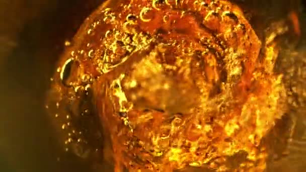 Super Slow Motion Pouring Whiskey Rum Cognac Bottle Filmed High — Stock Video