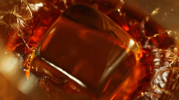 Super Macro Shot Pouring Whiskey Drink Glass Ice Cubes — Stock Photo, Image