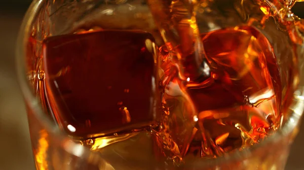 Super Macro Shot Pouring Whiskey Drink Glass Ice Cubes — Stock Photo, Image