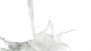 Beyaz arka planda izole edilmiş çok yavaş akan süt. Yüksek hızlı sinema kamerası, 1000 fps..