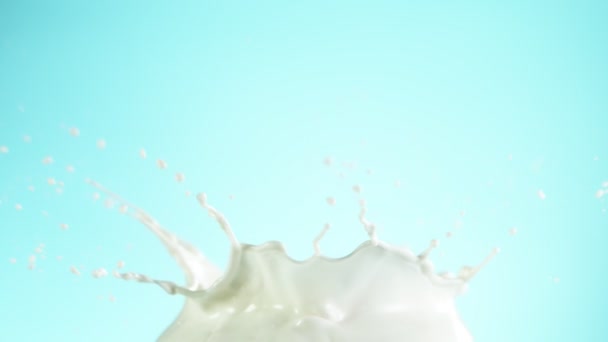Сверхмедленное Движение Молочного Всплеска Изолировано Мягком Синем Фоне Снято Камеру — стоковое видео