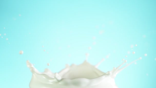 Сверхмедленное Движение Молочного Всплеска Изолировано Мягком Синем Фоне Снято Камеру — стоковое видео