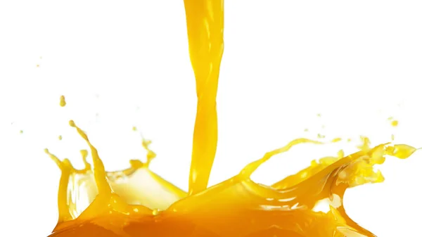 Gießen Orangensaft Spritzt Isoliert Auf Weißem Hintergrund — Stockfoto