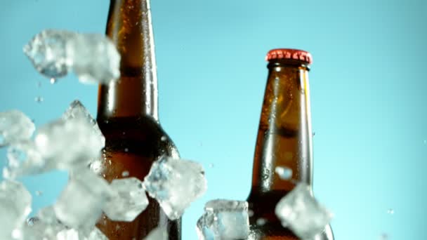 Super Powolny Ruch Spadających Butelek Piwa Lodem Niebieskim Tle Nagrywane — Wideo stockowe