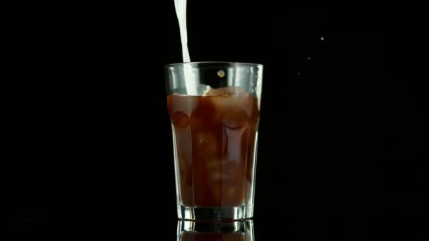 Super Slow Motion Pouring Ice Coffee Glass Filmed High Speed — Stock Video