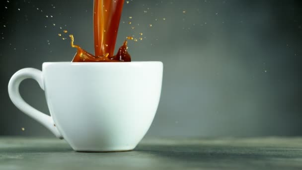 Super Slow Motion Pouring Coffee Cup Copy Space Filmed High — Stock Video