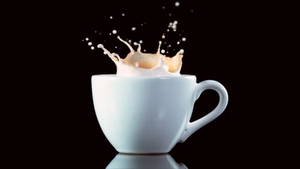 Super Slow Motion Falling Sugar Cubes Coffee Cup Black Background — Stock Video