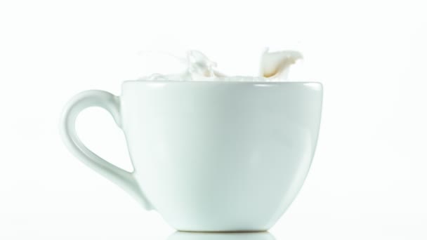 Super Langzame Beweging Van Vallende Suikerklontjes Koffiekopje Witte Achtergrond Gefilmd — Stockvideo