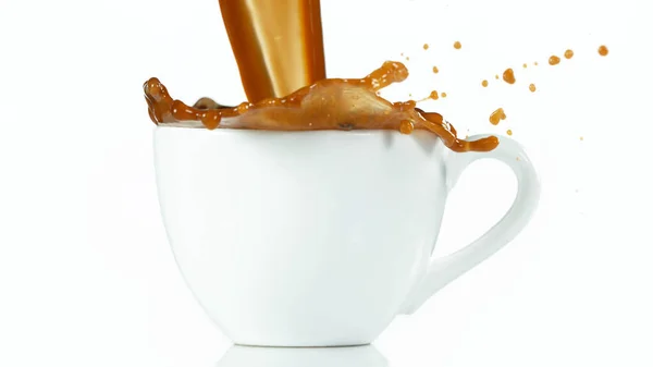 Cup Large Splash Coffee Isolated White Background — Stock Photo, Image