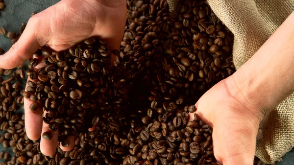 Detal Ludzkich Rąk Trzymających Ziarna Kawy Pojęcie Prepracji Napojów Kawowych — Zdjęcie stockowe