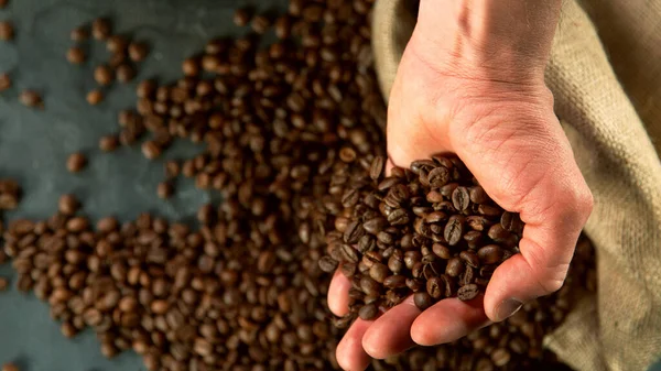 Detail Van Een Man Die Koffiebonen Vasthoudt Prepratie Van Koffiedranken — Stockfoto