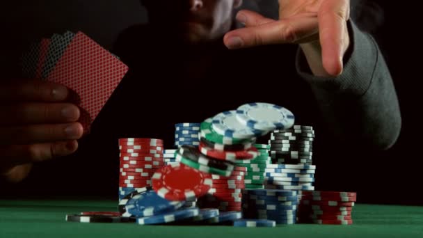 Super Slow Motion Poker Player Throwing Chips Camera Filmed High — Stock Video