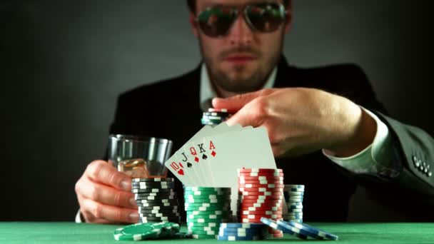 Super Slow Motion Poker Player Throwing Chip Camera Filmed High — Stock Video