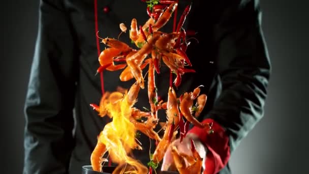 Super Slow Motion Flying Chilli Peppers Wok Pan Chef Closeup — Stock Video