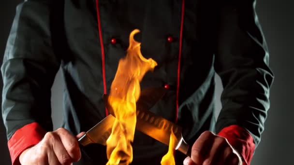 Super Slow Motion Closeup Chef Preparing Knives Fire Filmed High — Stock Video