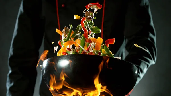 Closeup Chef Throwing Vegetable Mix Wok Pan Fire Fresh Asian — Stock Photo, Image