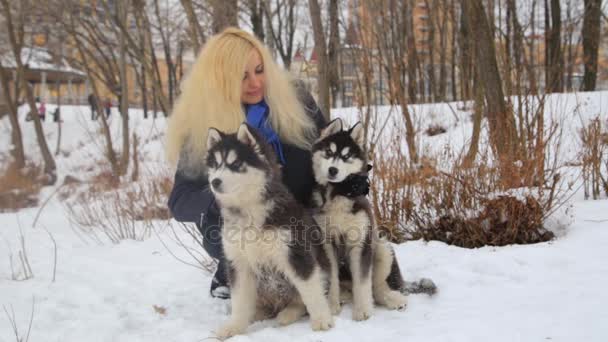 Siberian dış yapraklar malamute köpekler dışında ile oynayan sarışın kızla kış manzarası.