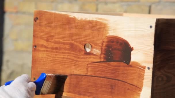 Gros plan Peinture en bois avec un pinceau de couleur marron — Video