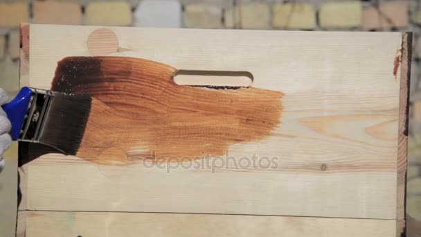 Pintura de madeira close-up com um pincel com a cor marrom — Vídeo de Stock