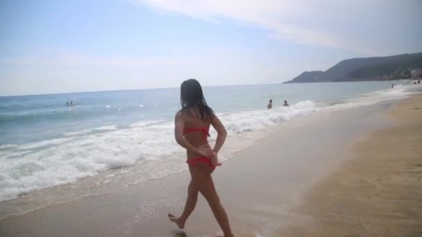 Menina latina caminhando para o mar — Vídeo de Stock