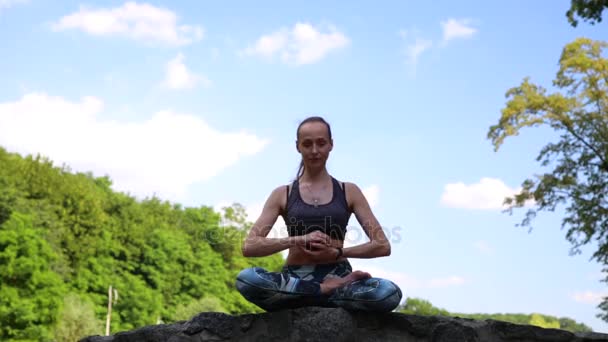 Ung kvinna som motionerar yoga i grön park — Stockvideo