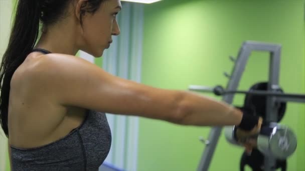 成人的混的血女人与权重在健身房锻炼. — 图库视频影像