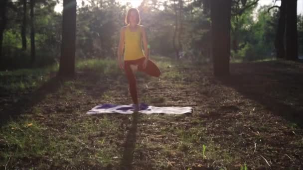 Девушка практикует йогу, растягиваясь на закате в лесу. Медленное движение — стоковое видео