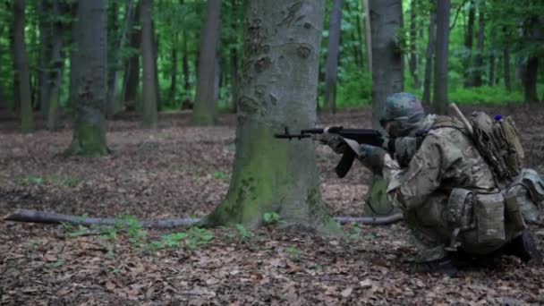 Guerilla stranické warrior míření v lese záloze nést zbraň. — Stock video