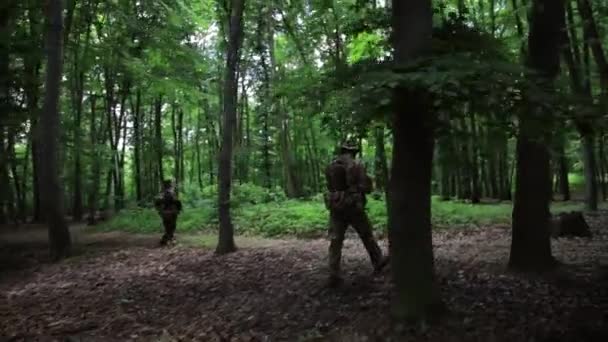 Guerilla stranické válečníci procházky v lese léčku nošení zbraně. — Stock video