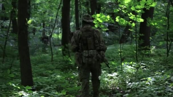 Escuadrón de guerreros guerrilleros corriendo en una formación llevando sus armas en los arbustos del bosque . — Vídeos de Stock