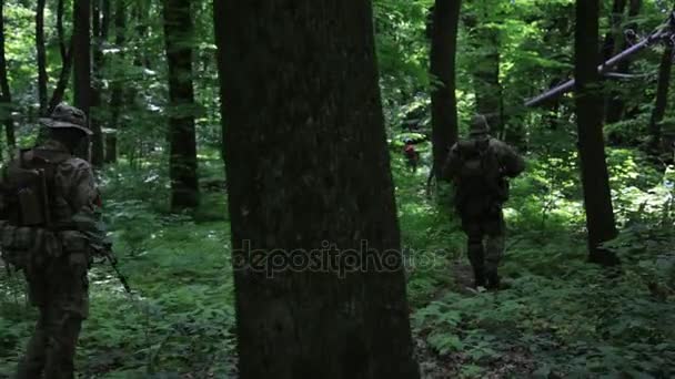 Escuadrón de guerreros guerrilleros caminando en formación de línea llevando sus armas en los arbustos del bosque . — Vídeos de Stock