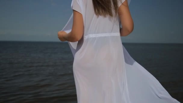 Hermosa chica caucásica despreocupada sexy disfrutando de su estilo de vida de playa bailando posando en la playa del mar — Vídeos de Stock