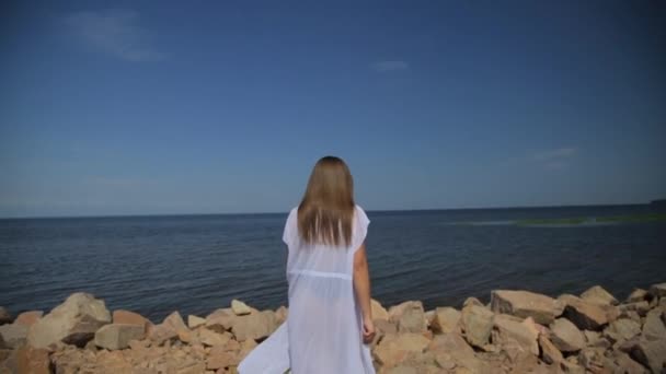 Mooi sexy zorgeloos Kaukasische meisje die genieten van haar strand levensstijl dansende poseren op zee strand — Stockvideo