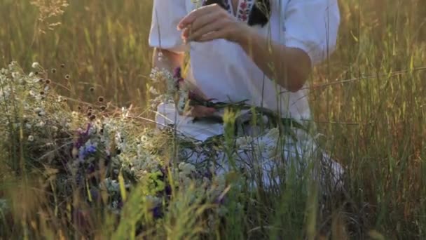 女孩在日落时分在自然在草地上制作花头箍 — 图库视频影像