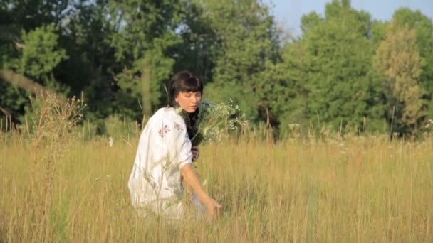 女孩在日落时分在自然在草地上制作花头箍 — 图库视频影像