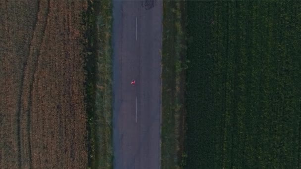 Mujer deportista corriendo una carretera cerca del campo al atardecer . — Vídeos de Stock