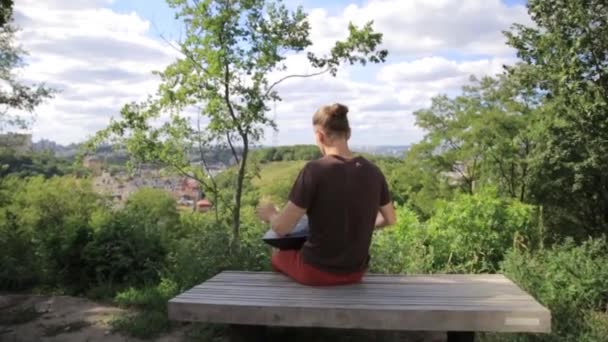 Trummis i aktion. kille sitter på gräset och spela handpan eller hänga trumma. — Stockvideo