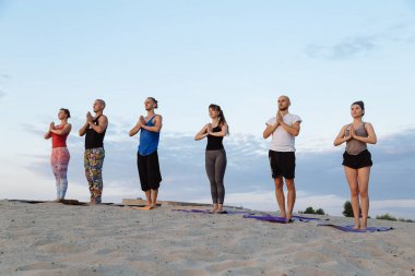 Karışık yarış grup egzersiz yoga sağlıklı yaşam fitness savaşçı pozlar insan